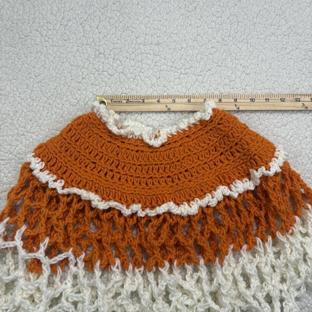 Vintage Handmade Girls Poncho Crochet Open Knit Kids Orange White Boho 70s 80s - Picture 3 of 4